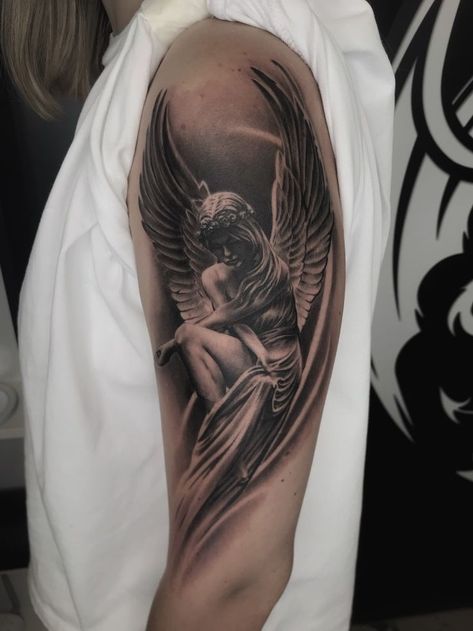 Angel Tattoo Sleeve Women, Angel Sleeve Tattoo Women, Angel Shoulder Tattoo Men, Warrior Angel Tattoo Men, Engel Tattoo Design, Beautiful Angel Tattoos For Women, Angel Shoulder Tattoo, Religious Tattoo Sleeves, Angel Sleeve Tattoo