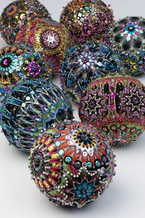 Opulent Ornaments | WeAllSew Jeweltone Christmas, Bead Ornaments, Beaded Beads, Styrofoam Ball, Beaded Christmas Ornaments, Fabric Ornaments, Fabric Beads, Beaded Ornaments, Xmas Ornaments