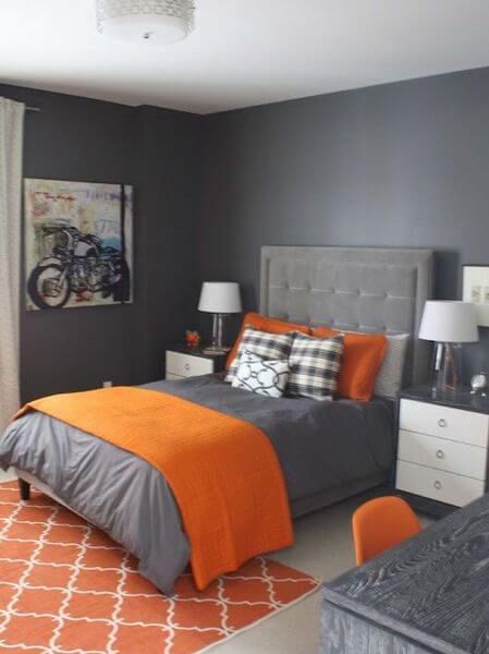 45 Blue and Orange Bedroom Ideas - Easy Home Concepts #bedroomdecor #bedroomideas Grey Orange Bedroom, Orange Bedroom Decor, Modern Grey Bedroom, Gray Painted Walls, Teenager Bedroom Boy, Cool Kids Bedrooms, Boy Bedroom Design, Gray Walls, Bedroom Orange