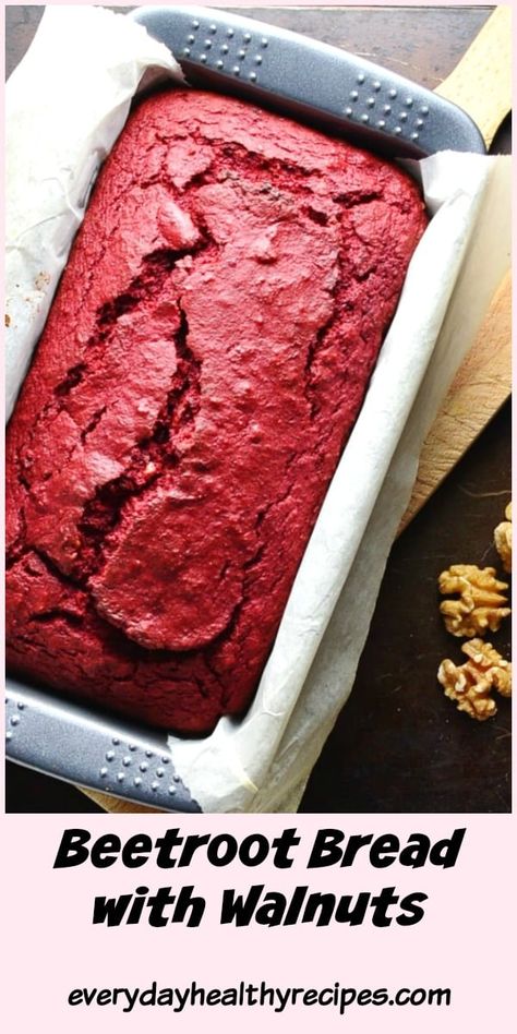 Quick beetroot bread with walnuts is nutritious, dairy free, and can be enjoyed for breakfast/brunch as well as a healthy snack anytime. This yeast free, no knead healthy bread is simple to make and you don't need to be an experienced baker to produce a gorgeous loaf! #beetroot #quickbread #easybread #homemadebread #noyeastbread #noyeast #breadrecipes #breadbaking #everydayhealthyrecipes Beet Loaf Recipe, Beetroot Bread Recipes, Beets For Breakfast, Beet Bread Recipe, Beetroot Bread, Beet Bread, Bread No Yeast, Low Sugar Snacks, Beetroot Recipes