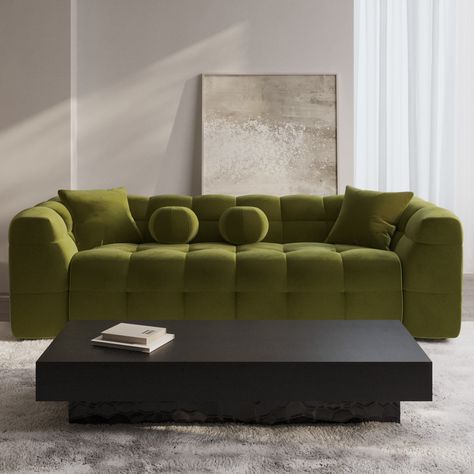 All about meThe Alessia luxury sofa is the perfect snug and stylish addition to any contemporary living space. The square silhouette of the sofa is contrasted beautifully by the round cushions to create the perfect focal point while the olive green velvet pairs perfectly with any interiorNeed to know . Dimensions .  W230 x D99 x H68 cm Weight .  65 kg Max supported weight .  100 kg per seat Seats .  3 Colour .  Olive green Finish .  Upholstered Material .  Velvet fabric wooden frame Filling .  F Olive Green Couches, Modern Outdoor Seating Area, Green Sofa Living, Green Couch Living Room, Modern Outdoor Seating, Green Sofa Living Room, Round Cushions, Olive Sofa, Cloud Sofa