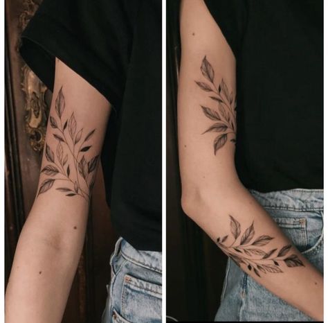 Bicep And Forearm Tattoo, Plant Tattoo Arm Wrap, Leaf Vine Tattoo Around Arm, Elbow Wrap Tattoos For Women, Vine Patchwork Tattoo, Foliage Arm Tattoo, Leave Arm Tattoo, Leaf Vine Arm Tattoo, Plant Wrapped Around Arm Tattoo