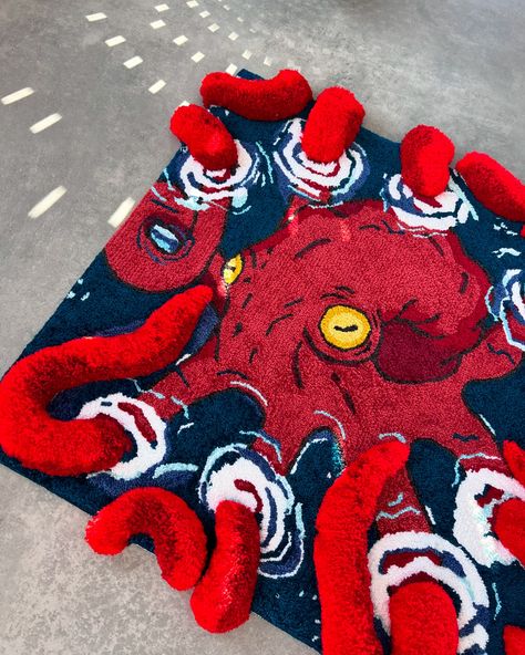 Octopus 🐙 3D rug In stock ✨ Shipping worldwide 🌎 . . . . . #octopus #customrug #customrug #mitsurikanrojicosplay #murakamitakashi #rugdesign #rug #octopus🐙 #tufting #octopusart #rugmaking #tuftinggun #rugmaking #tufting #rugsusa Mirror Tufting, Punch Needle Rugs, Rug Tufting Ideas, Rugs Aesthetic, 3d Rugs, Octopus Rug, 3d Octopus, Tuft Rugs, Tufting Art