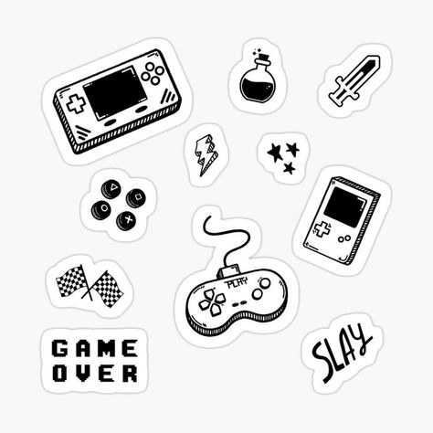 Fun retro video games sticker pack in black and white Retro Video Game Tattoo, Small Gaming Tattoos For Men, Gaming Stickers Design, Video Games Tattoo Ideas, Gaming Flash Tattoo, Small Gaming Tattoo, Gamer Doodles, Gameboy Drawing, Game Controller Drawing