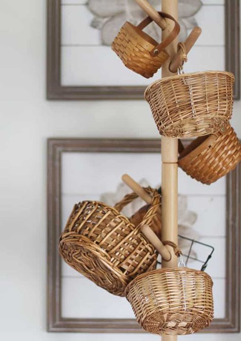 How To Store Baskets, How To Display Baskets, Basket Display Ideas, Wicker Basket Decor Ideas, How To Decorate With Baskets, Basket Tree, French Country Crafts, Shelf With Baskets, Wicker Basket Decor