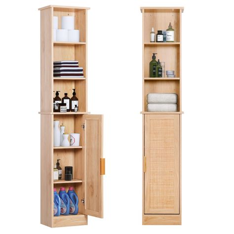 PRICES MAY VARY. 【Improve storage and save space】This tall floor standing cabinet with doors has 2 removable baffles that can not only be removed but also adjusted in height for your convenience and more flexibility. Everything is neatly organized in this tower bathroom cabinet. towels, toiletries and other daily necessities according to your needs. 【Vintage Rattan Corner Cabinet】. 13''D*9''W*65 "H Slim wooden storage shelf with unique rattan natural color decorative style. Delicate lines and te Small Bayhroom Storage, Towel Cabinet Ideas, Small Bathroom Storage Shelves, Narrow Space Storage, Apartment Bathroom Storage Ideas, Cabinet Towels, Bathroom Cabinet Organization Ideas, Rustic Bathroom Storage, Tiny Bathroom Storage Ideas