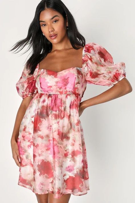 Darling Aura Pink Multi Floral Organza Babydoll Mini Dress | Lulus Aura Pink, Beach Formal, Mini Dress Pink, Babydoll Mini Dress, Floral Clutches, Lulu Fashion, School Dance, Skirt Long, Skater Style