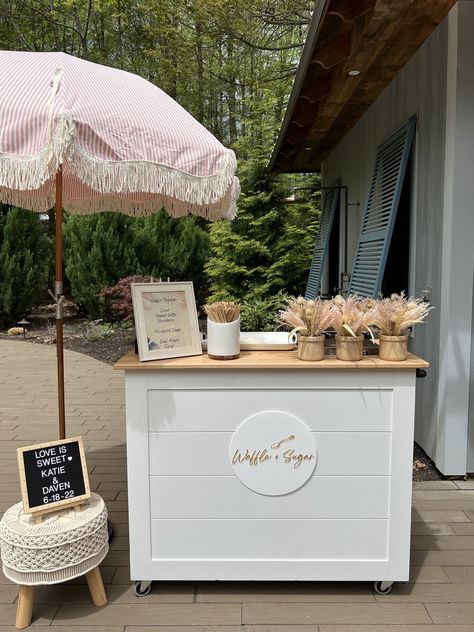 Waffle & Cotton Candy Pop-Up Cart Packages and Pricing Cotton Candy Station Wedding, Diy Popcorn Cart, Cafe Pop Up, Pop Up Stand Ideas, Snack Cart Party, Pop Up Cart, Candy Bar Cart, Coffee Cart Ideas, Waffle Cart