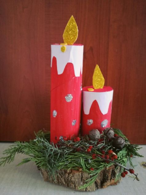 Toilet Paper Roll Candles Christmas, Toilet Paper Tube Candles, Christmas Loo Roll Craft, Toilet Paper Roll Candles, Winter Door Decorations Classroom, Christmas Candle Crafts, Christmas Handprint Crafts, Advent Ideas, Abc Crafts