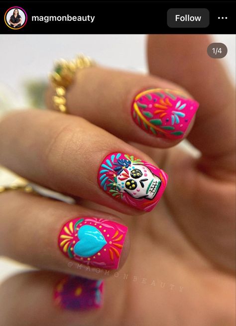 Book Of Life Nails, Mexican Halloween Nails, Dia Los Muertos Nails, Coco Inspired Nails, Candy Skull Nails, Day Of The Dead Nails Acrylic, Sugar Skull Nails Acrylic, Hispanic Heritage Nails, Sugar Skull Nails Designs