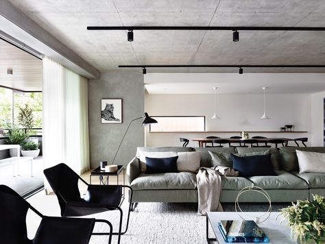 Neometro | MAA | Carr Design |  Walsh Street Apartment; collaboration, concrete ceiling, black track lighting Melbourne Apartment, Modern Appartement, Concrete Ceiling, Australian Interior Design, Interior Design Awards, Appartement Design, Stil Inspiration, Design Del Prodotto, Modern Apartment