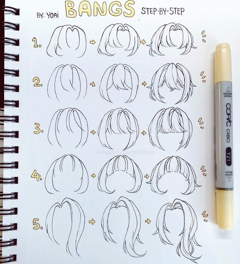 Stationery Island on Instagram: “Draw different types of bangs with this super helpful tutorial by @yoaihime 😍💕 Do you have a fringe? I remember the good old days when I…” Draw Bangs, Hairstyles Sketches, Lukisan Fesyen, Art Tut, Anime Hairstyles, Pelo Anime, How To Draw Anime, Drawing Hair Tutorial, Anime Ideas