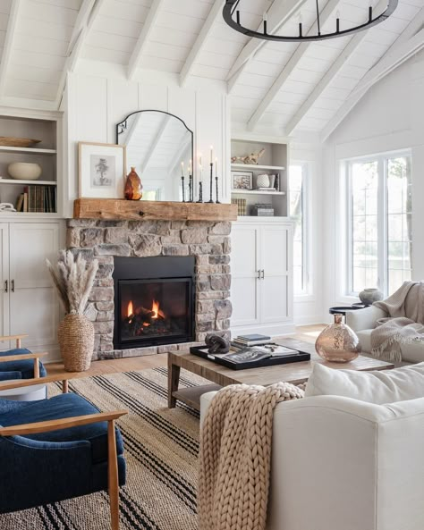 Fireplace Storage, Lilypad Cottage, Lake House Living Room, Bookshelf Makeover, Fireplace Redo, Light Gray Cabinets, White Living Room Decor, Basement Reno, Agreeable Gray