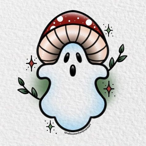 Spooky Mushroom Drawing, Mushroom Ghost Tattoo, Halloween Mushroom Art, Aesthetic Mushroom Drawing, Mushroom Backgrounds, Easy Mushroom Painting, Halloween Mushrooms, Spooky Mushroom, Anime Tats