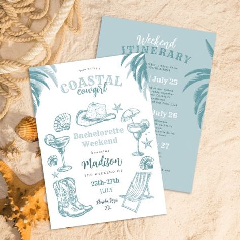 Blue Coastal Cowgirl Bachelorette Party Invitation Coastal Cowgirl Bridal Shower Ideas, Coastal Invitation, Bachelorette Party Themes Beach, Coastal Cowgirl Party, Beach Bachelorette Party Themes, Beachy Bachelorette Party, Coastal Cowgirl Bachelorette Party, Blue Coastal Cowgirl, Coastal Bachelorette Party