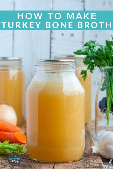 Homemade Turkey Bone Broth is an amazing way to use up every last bit of your roasted turkey. Learning how to make turkey bone broth is a very simple, sustainable, and affordable process! This recipe includes tips for freezing stock as well as canning your turkey broth. #turkeystock #canningstock #thanksgivingleftoversideas #howtocanstock #turkeybroth Homemade Turkey Bone Broth, Turkey Bone Broth In Crockpot, How To Make Broth From Turkey Bones, Homemade Turkey Broth How To Make, Bone Broth From Turkey, How To Make Turkey Broth From Bones, Roasting Turkey Bones For Bone Broth, Bone Broth Turkey, How To Make Turkey Bone Broth