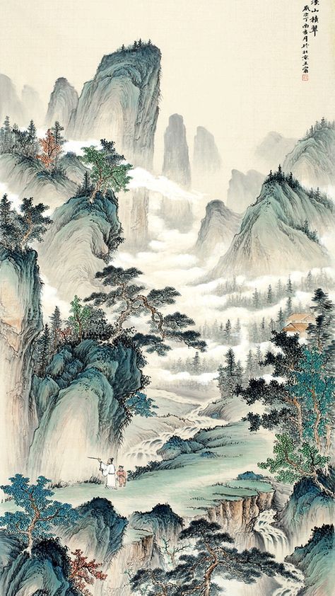 Chinese Drawings, Art Mountains, Asian Landscape, Japan Painting, Chinese Landscape Painting, Chinese Art Painting, Ancient Chinese Art, Ancient Paintings, Japanese Art Prints