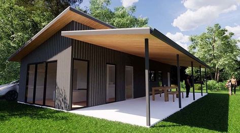 The Shed House - Skillion Awning Skillion Roof Shed House, Shed Roof House Interior, Skillion Roof Extension, Farm Shed House, Steel Shed House, Skillion Roof Shed, Tin Shed House Design, Tin House Ideas, Shed Style Roof House