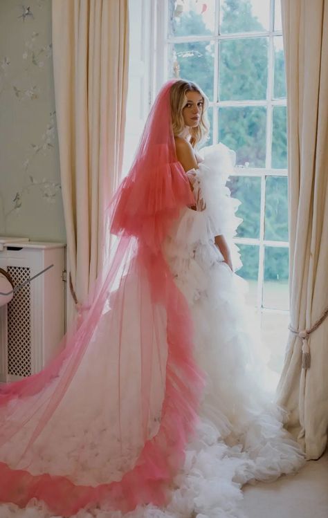 Pink Wedding Veil With Ruffles Pink bridal veil Hen Party Veil Retro Weddings Unique bridal veil Hot Pink Ruffle Veil Bright Pink Veil Pink Wedding Veil, Millia London, Retro Weddings, Holly Smith, Pink Veil, London Hair, Party Veil, Wedding Veil Accessories, Pink Bride