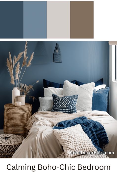 Cozy Bohemian Bedroom: Blue and Neutral Color Scheme Blue And Stone Bedroom, Walnut And Blue Bedroom, Denim Blue Bedroom Ideas, Bedroom Ideas Blue Aesthetic, Blue Color Schemes For Bedroom, Steel Blue Bedroom Ideas, Blue Grey White Bedroom, Blue Bedroom Palette, Blue Color Bedroom Ideas