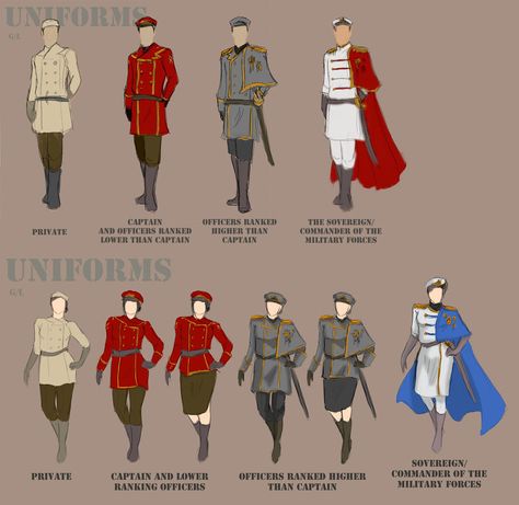 Military uniform concepts Army Uniform Concept Art, Knight Uniform Concept, Fantasy Uniforms Military, Military Outfit Drawing, Fantasy Military Outfit, Uniform Character Design, Military Uniform Concept Art, Uniform Concept Art, Fantasy Uniforms