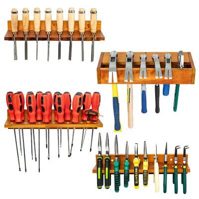 hand tools organizer set includes 4 different wood tool Organizers to holds different hand tools, including screwdrivers, hammers, pliers, vise, scissors, and more tools of different sizes, providing larger storage space | Aperture Corner Screwdriver Organizer - Tool Organizers, Hammer Rack, en Pliers Holder, Wall Mounted Hand Tool Storage | Organization | ADRT1258 | Wayfair Canada Tool Hangers Storage Ideas, Pliers Organization, Screwdriver Organization, Hammer Rack, Hand Tool Storage, Screwdriver Storage, Tool Organization Diy, Craft Storage Solutions, Tools Organizer