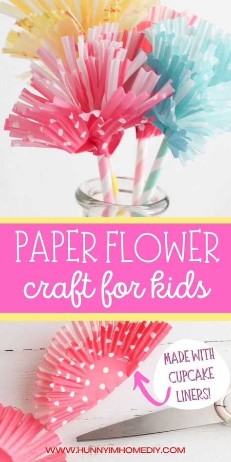 Preschool Paper Flowers, Diy Flowers Kindergarten, Flowers Made Out Of Cupcake Liners, Tissue Paper Flowers Diy Easy Kids, Spring Class Party Crafts, Flowers Out Of Cupcake Liners, Cupcake Flowers Craft, Homemade Flowers For Kids, Cupcake Paper Flowers For Kids