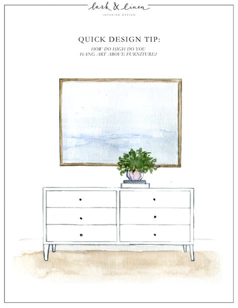 Quick Design Tip: How High Do You Hang Art Above Furniture? | lark & linen Art Above Dresser, Pictures Above Couch, Picture Above Bed, Frames Above Bed, Picture Hanging Height, Above Dresser, How To Decorate A Sideboard, Art Above Couch, Interior Design Articles