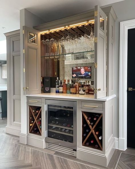 Home Bar Wine Racks, Custom Bar Built In, Home Drinks Cabinet, Built In China Cabinet With Wine Fridge, Bookcase Wine Bar, Bespoke Drinks Cabinet, Home Bar In Kitchen, Bar Area With Wine Fridge, Hidden Bars At Home