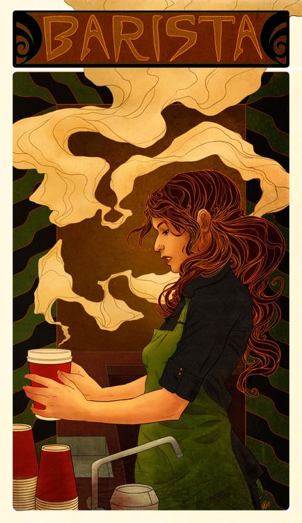 Barista art nouveau ~ I need my own personal barista ~ Barista Art, Coffee Illustration, Cafe Art, Coffee Poster, A Cup Of Coffee, Latte Art, Coffee Cafe, Coffee Love, Coffee Art