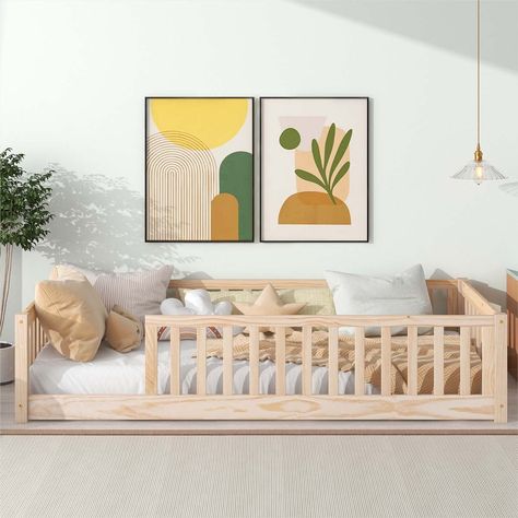 Floor Platform Bed with Fence without Door - Bed Bath & Beyond - 37779164 Floor Platform Bed, Twin Floor Bed, Montessori Floor Bed, Toddler Floor Bed, Floor Bed Frame, Kids Twin Bed, Montessori Bed, Solid Wood Platform Bed, Solid Wood Bed