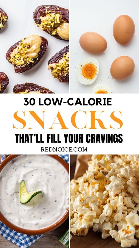 A collection of low-calorie snacks under 200 calories! The pin features low-cal snacks including hard-boiled eggs, salted popcorn, Greek yogurt dip with dills and cucumber slices, and peanut butter spread on dried dates with chopped pistachios. Snacks Under 200 Calories, Snacks Under 200, 200 Calorie Snacks, Dinners Under 500 Calories, Low Cal Snacks, Fiber Snacks, Snacks Under 100 Calories, Curb Cravings, Healthy Low Calorie Meals