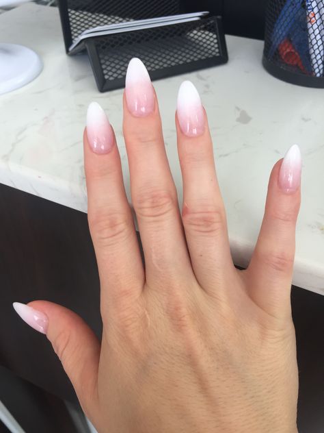 French ombré almond shaped French Ombre Acrylic Nails Almond, Ombré Pink White Nails, Faded French Nails Almond, Ombré Nails Almond Shape, Nail Ideas Ambre, French Ombre Tip Nails, Ombré French Almond Nails, Almond Boomer Nails, Almond Shape Nails With Design