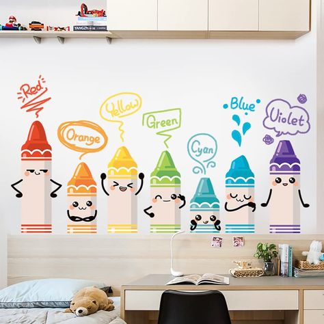 PRICES MAY VARY. PRECUT AND EASY TO PEEL & STICK - Discover yourself and your child’s creativity with this fast, fun, easy,removable and self-adhesive wall decal stickers. A unique wall art to enhance one's artistic skills in decorating. WALL DECALS FOR BABY’S ROOM - This colorful baby wall decal will liven up your kid’s nursery, baby room or playroom adding a unique, eye catching design that can do something amazing with your walls. Cute cartoon crayon stickers and color signs, which can help c Door Decor Diy, School Wall Art Ideas, Art Room Doors, Playroom Mural, Playroom Decoration, Baby Wall Decals, Diy Mural, Kids Room Murals, School Wall Art