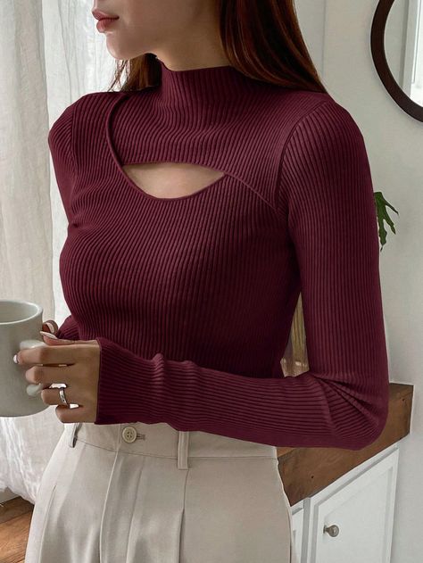 DAZY Solid Color Hollow Out Half Turtle Neck SweaterI discovered amazing products on SHEIN.com, come check them out! Mode Crochet, Coachella Dress, Solid Sweaters, Women Sweaters, Holiday Party Dresses, Burgundy Sweater, Ribbed Knit Sweater, Knitting Women Sweater, Mock Neck Sweater