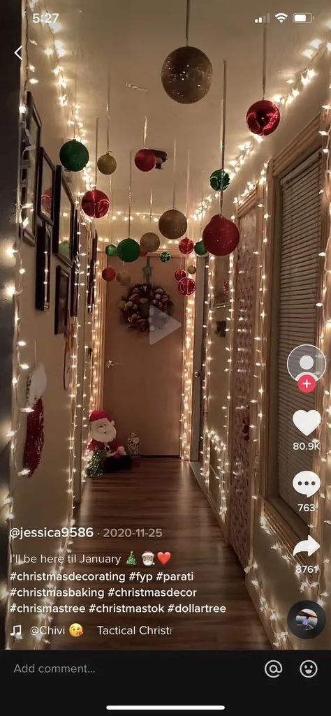 Diy Christmas Decorations Wall Decor, Small Hallway Christmas Decorating Ideas, Cute Christmas Decorations For House, Christmas Decor Ideas For Apartments Diy, Decorations For Christmas House, Indoor Christmas Decorations Hallway, Car Holiday Decorations, Christmas Hanging Lights, Hallway Decorations Christmas