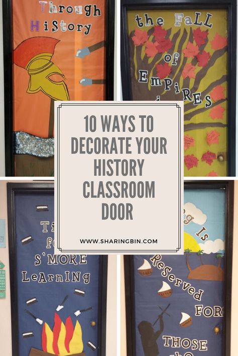 Sharing new ways to decorate your History classroom door Welcome Signs Classroom Door, World History Classroom Bulletin Boards, World History Bulletin Boards Middle School, Classroom History Decorations, World History Posters, History Classroom Decorations High School, History Class Decor, Classroom Themes High School History, 8th Grade Us History Classroom Decor