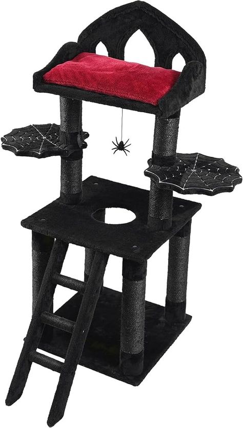 Amazon.com : Gothic Cat Tree - 51in Black Cat Tree with Regal Throne Bed, Spooky Hanging Toys, Sturdy Spider Web Perch and Durable Sisal Scratching Posts - Goth Cat Tree for Majestic Rest : Pet Supplies Goth Cat Tree, Goth Cat, Gothic Cat, Chat Halloween, Litter Box Enclosure, Cat Tree Condo, Goth Home, Goth Home Decor, Goth Decor