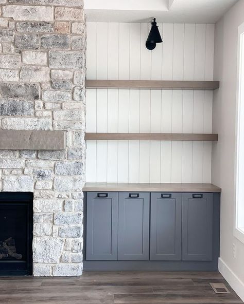 Fireplace With Cabinets, Grey Stone Fireplace, Built In Around Fireplace, Grey Fireplace, Eldorado Stone, Spec Home, Country Fireplace, Fireplace Stone, Built In Shelves Living Room