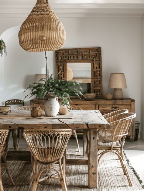 Boho Dining Room Designs: Rattan Chairs and Rustic Wooden Table Dining Room With Wicker Chairs, Tulum Dining Room, Boho Dinner Table, Bohemian Kitchen Table, Holistic Decor, Boho Farmhouse Dining Room, Rustic Dining Room Ideas, Rustic Dining Room Chairs, Dining Room Boho