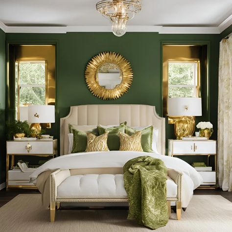 Gold Bedroom Ideas - Classic Bedroom Ideas Gold Bedroom Ideas for a Stylish Home Gold White Green Bedroom, Emerald Green Cream And Gold Bedroom, Gold And Sage Bedroom, Sage Green And Gold Bedroom Ideas, Green And Gold Master Bedrooms Decor, Dark Green Gold Bedroom, Forest Green And Gold Bedroom, Green And Gold Mood Board, Cream And Gold Bedroom Ideas