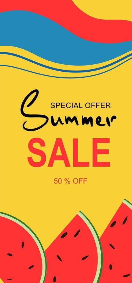 Vector vertical illustration of a summer sale banner for your store, website, and social networks. Layout with watermelons in yellow tones. Summer Sale Ads, Vertical Illustration, Summer Sale Banner, Vector Frame, Sale Banner, Yellow Tones, Social Networks, Summer Sale, Vector Free