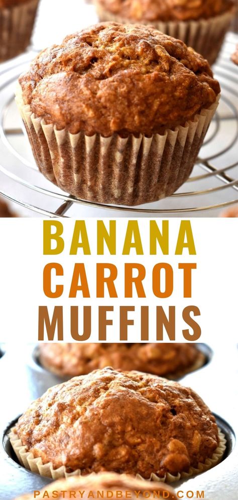 Collage for banana carrot muffins with text overlay. Whole Foods Muffin Recipes, Carrots Banana Muffins, Easy Healthy Carrot Muffins, Homemade Breakfast Muffins Healthy, Whole Wheat Flour Breakfast Recipes, Oatmeal Carrot Cake Muffins, Whole Wheat Oatmeal Muffins, Lunch Muffin Recipes, Healthy Muffin Recipes Banana