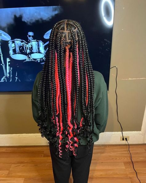 Braided Hairstyles Jumbo Box Braids, Colored Jumbo Box Braids, Jumbo Peekaboo Braids, Jumbo Peekaboo Box Braids, Black And Pink Box Braids, Peekaboo Braids, Curled Hair With Braid, School Braids, Latest Braided Hairstyles