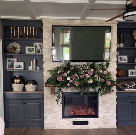 Fireplace With Bookcases On Each Side, Dark Couch, Fireplace Inspiration, Floor To Ceiling Bookshelves, Fireplace Redo, Fireplace Bookshelves, Fireplace Update, Fireplace Built Ins, Built In Bookcase