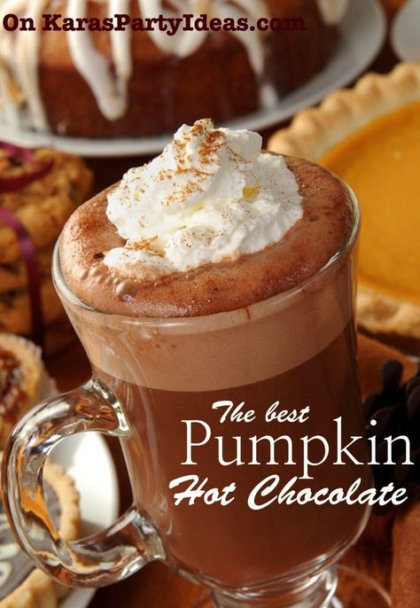 The best PUMPKIN HOT CHOCOLATE recipe via Kara's Party Ideas KarasPartyIdeas.com Perfect for fall or Christmas! Pumpkin Hot Chocolate Recipe, Pumpkin Hot Chocolate, Hot Chocolate Recipe, Chocolate Recipe, Hot Chocolate Recipes, Best Pumpkin, Delicious Pumpkin, Chocolate Drinks, Smoothie Drinks