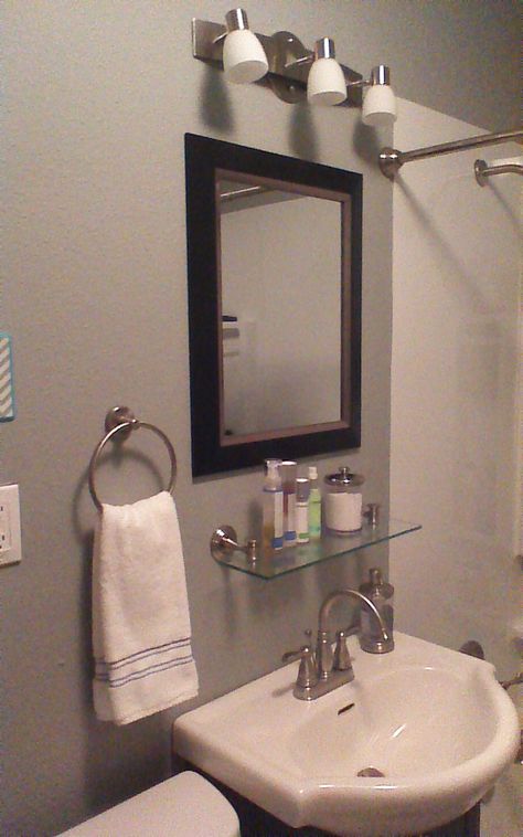 After - added glass shelf under mirror Under Mirror Shelf Bathroom, Bathroom Shelves Under Mirror, Bathroom Shelf Under Mirror, Old White Kitchen Cabinets, Shelf Under Bathroom Mirror, Shelf Under Mirror, Old White Kitchen, Bathroom Glass Shelf, Small Bathroom Shelves