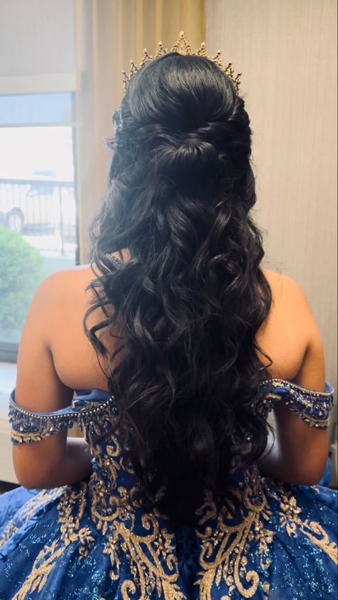 Half up half down quinceañera hair on brunette hair by Alamo city hair Quince Hairstyles Black Hair, Hair Ideas For A Quinceanera, Fancy Hair Down Styles, Quinceanera Hairstyles Braids, Half Up Half Down Bun Quinceanera Hairstyles, Long Quince Hairstyles, Royal Blue Quinceanera Hairstyles, Half Up Half Down Quince Hair With Crown, Quince Hairstyles With Roses