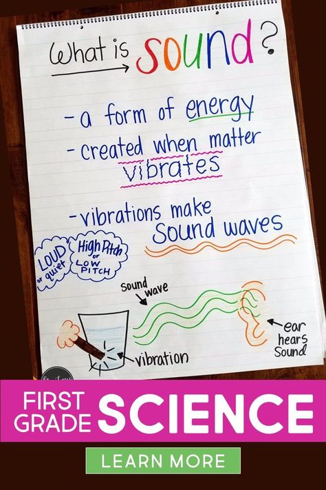 Light and Sound unit for First Grade. Little Science Thinkers Curriculum contains lesson plans, science experiments, activities, read aloud books and so much more. #scienceactivities #anchorcharts Light And Sound Unit Grade 1, Sound Lessons First Grade, Sound Anchor Chart 1st Grade, 1st Grade Light And Sound Activities, Grade 4 Science Experiments, Sound Energy Examples, Sound 1st Grade Science, Steam Activities First Grade, Music And Science Activities