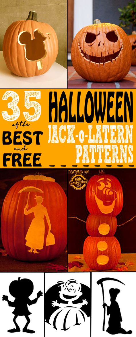 35 of the Best and Free Halloween Jack-o-Lantern Patterns Jack O Lantern Patterns, Pumpkin Carving Ideas Disney, Jack O Lantern Designs, Jack O Latern, Halloween Pumpkin Stencils, Halloween School Treats, Disney Pumpkin Carving, Holiday Worksheets, Halloween Pumpkin Carving